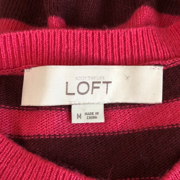 LOFT Ribbon Stripe Crewneck Cardigan Sweater Pink, Brown Rabbit Hair blend M - Picture 6 of 6